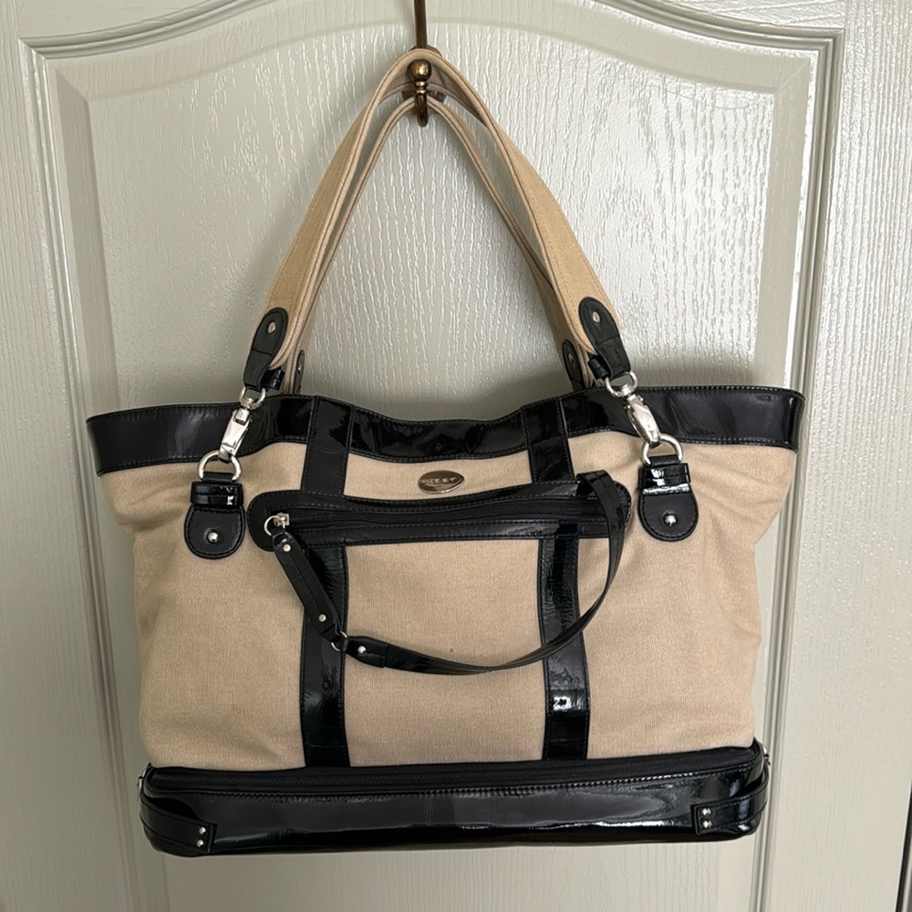 Nest Diaper bag - tan canvas, black trim, pockets, large, travel, overnight